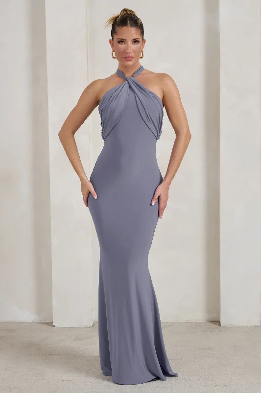 Strapless Women Dress with a Built - in Bra for Comfort and SupportGenevieve | Grey Twist High Neck Drape Detail Maxi Dress