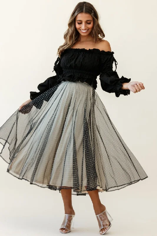 Long - Sleeve Women Dress in Velvet for a Luxurious Winter LookJasmine Hail Spot Mesh Midi Skirt Black