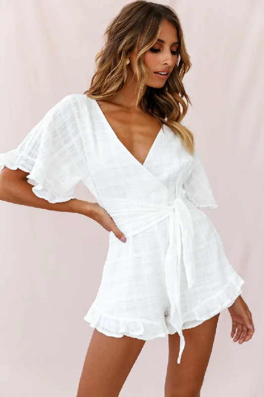 Strapless Women Dress with a Built - in Bra for Comfort and SupportKarin Frill Trim Waist Tie Romper White