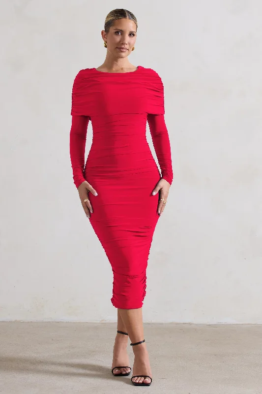 Sheath Women Dress with a Tailored Fit for a Professional LookLea | Red Long Sleeve Ruched Midi Dress with Draped Bardot Overlay