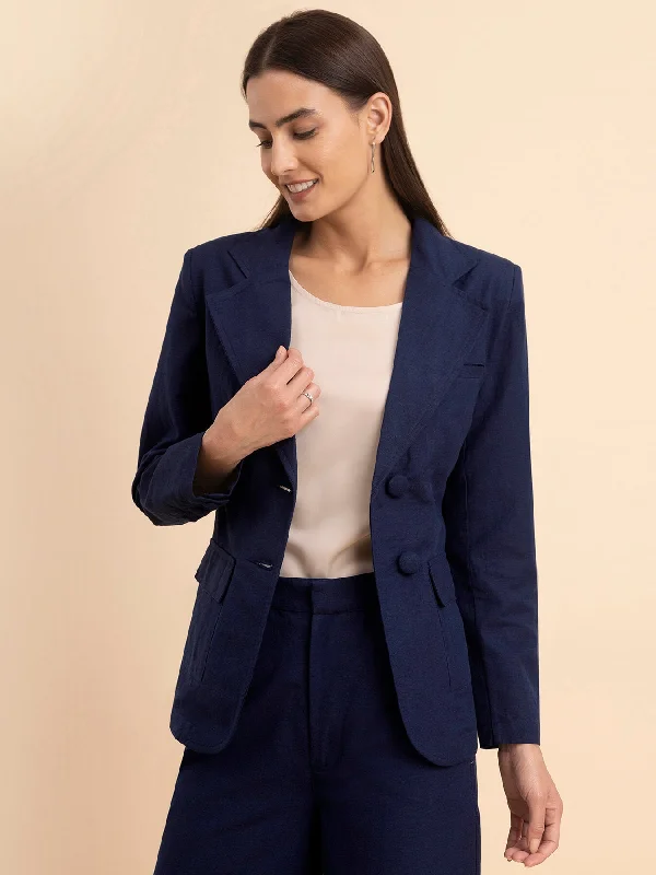 Women's Notched Lapel Blazers in Beige for a Timeless OutfitLinen Notch Lapel Collar Blazer - Navy Blue