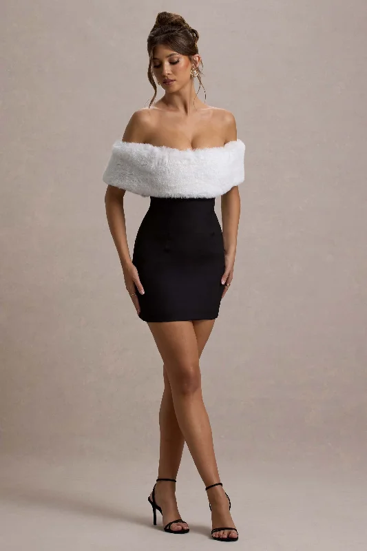 Strapless Women Dress with a Built - in Bra for Comfort and SupportLittle Luxe | Black Bardot Mini Dress With White Fur Trim