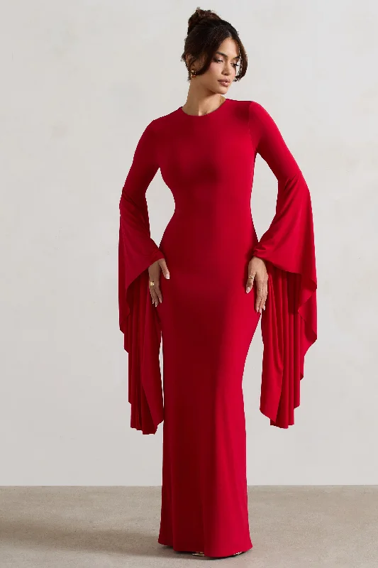 Plus Size Women Dress with a Flattering A - Line Cut for Comfort and StyleModena | Red Waterfall Sleeve Maxi Dress