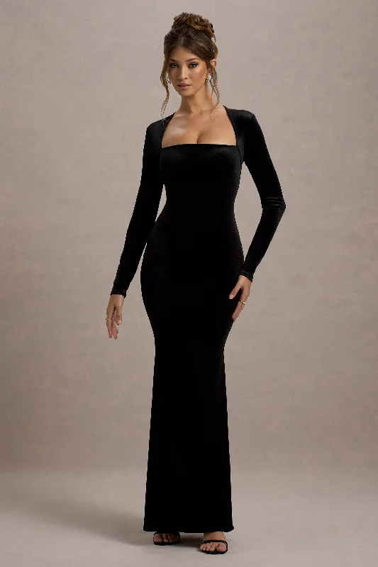 Pleated Women Dress with a Timeless and Elegant TextureMorana | Black Velvet Square-Neck Long-Sleeve Maxi Dress