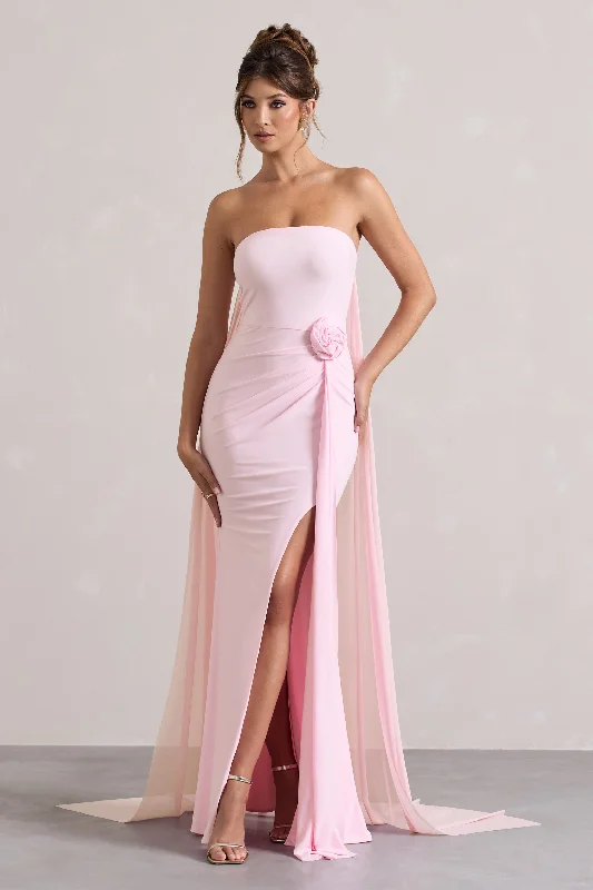 Pleated Women Dress with a Timeless and Elegant TextureMore To Come | Pink Strapless Wrap Cape Maxi Dress With Corsage