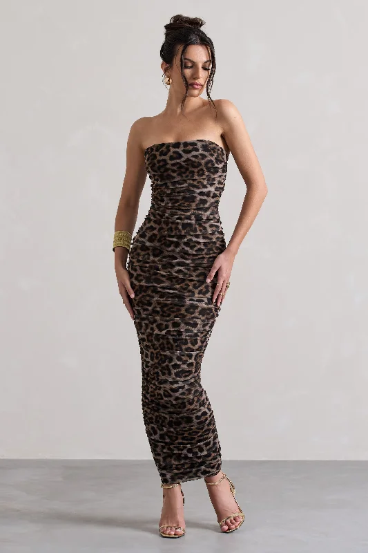 Mermaid - Style Women Dress with a Fitted Silhouette for Special OccasionsMy Lady | Leopard Print Strapless Bodycon Ruched Mesh Midi Dress