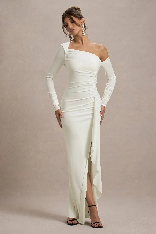 Ball Gown Women Dress with a Full Skirt for a Princess - like LookNerina | Cream Asymmetric Long-Sleeve Split Maxi Dress