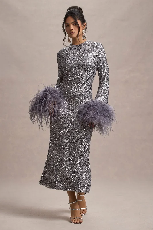 Pleated Women Dress with a Timeless and Elegant TextureNorth Star | Silver Sequin Long-Sleeve Midi Dress With Feather Cuffs