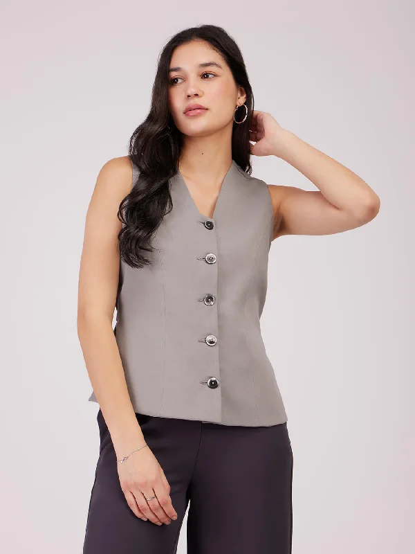 Plus Size Women's Sequin - Embellished Blazers in Silver for a Glamorous PartyPlacket Detail Waistcoat - Grey