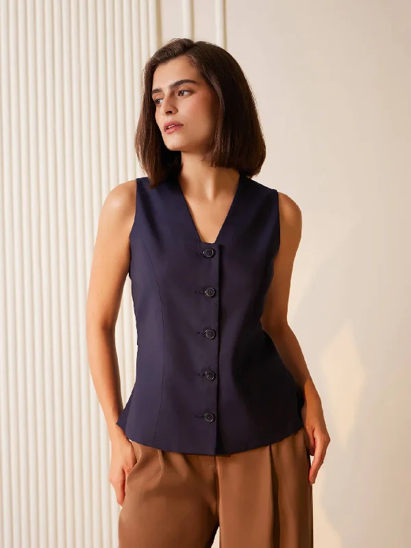 Women's Notched Lapel Blazers in Beige for a Timeless OutfitPlacket Detail Waistcoat - Navy Blue