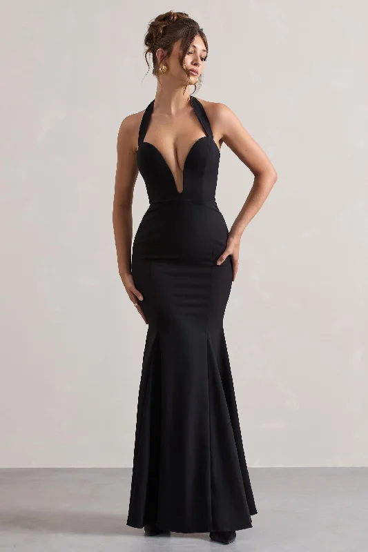 Little Black Women Dress with Sequins for a Glamorous Night OutPlaza | Black Plunge Halter-Neck Fishtail Maxi Dress