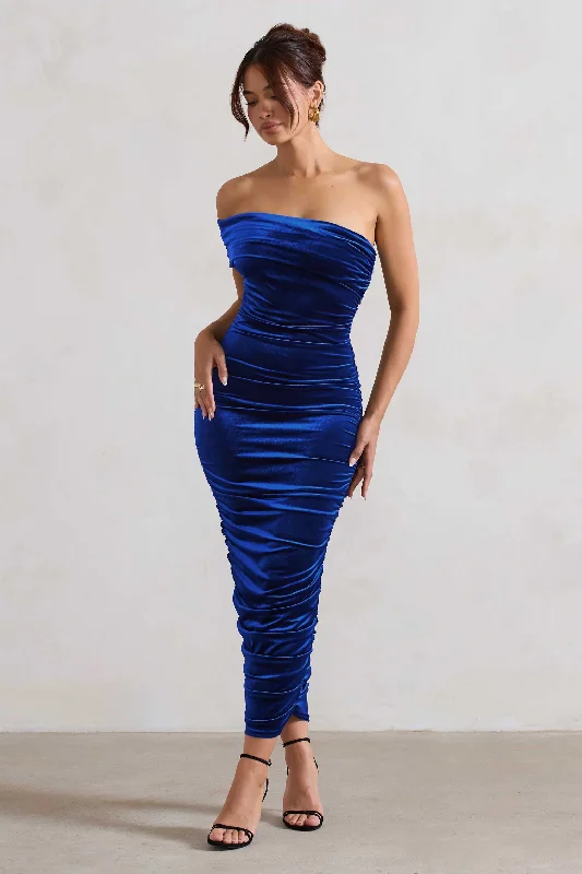 Mermaid - Style Women Dress with a Fitted Silhouette for Special OccasionsRemember Me | Cobalt Blue Velvet One Shoulder Midi Dress