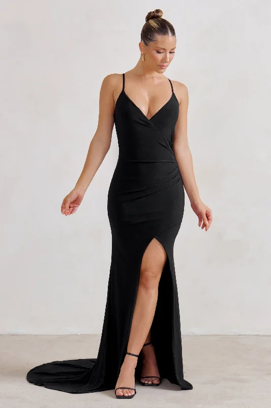 Wrap - Style Women Dress with Adjustable Fit for All Body TypesSammi | Black Cami Plunge Wrap Maxi Dress