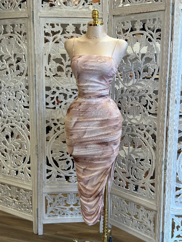 Mermaid - Style Women Dress with a Fitted Silhouette for Special OccasionsThin Strap Marble Pattern Midi Dress- Stretchy,Estira