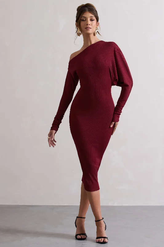 Shift Women Dress with a Simple and Classic Design for Everyday WearThora | Berry Rib Knit One-Shoulder Midi Dress