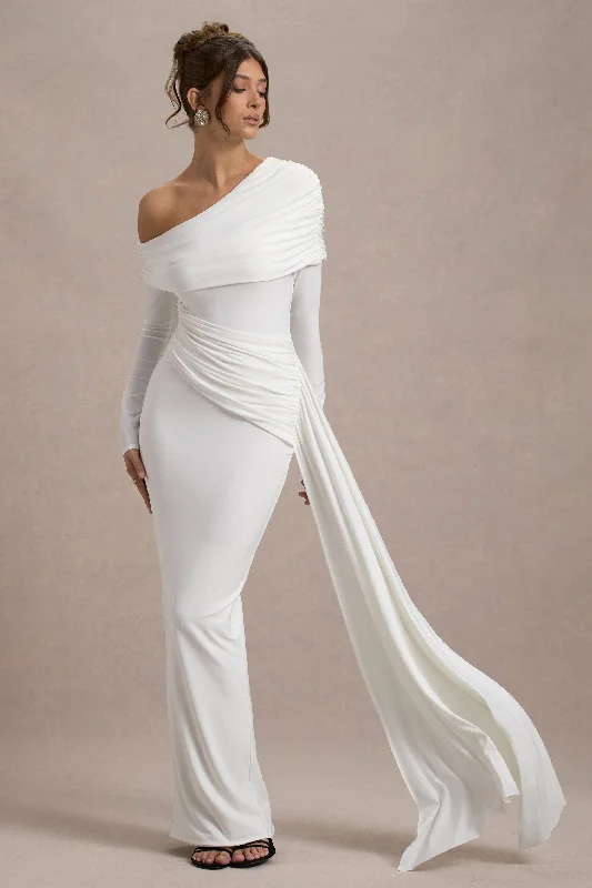 Pleated Women Dress with a Timeless and Elegant TextureValina | White Ruched Asymmetric Maxi Dress With Drape