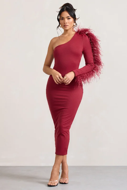 Plus Size Women Dress with a Flattering A - Line Cut for Comfort and StyleWild One | Burgundy One-Shoulder Bodycon Midi Dress With Feather-Trimmed Sleeve