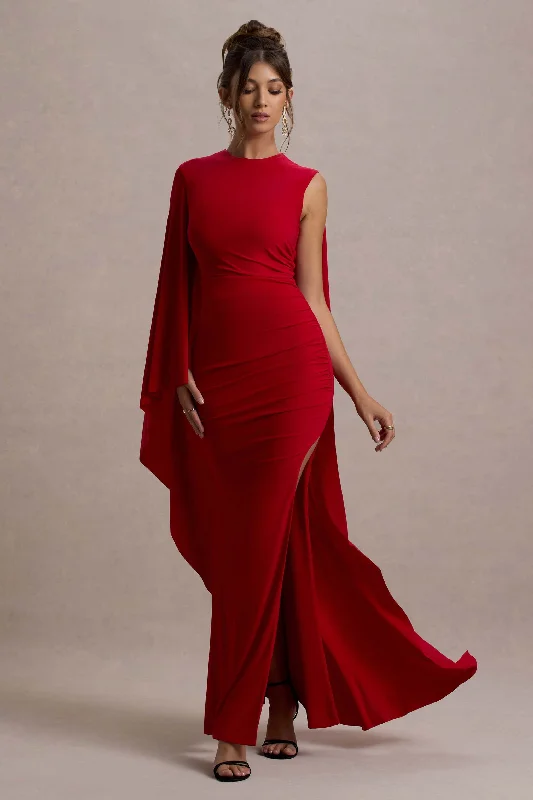 Strapless Women Dress with a Built - in Bra for Comfort and SupportYuna | Red Draped Maxi Dress With Cape