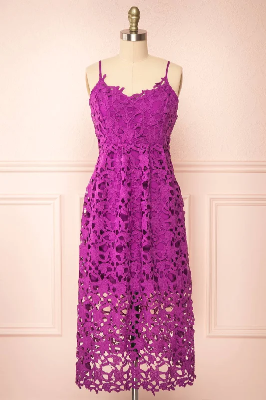 Ruffled Women Dress with Multiple Layers for a Playful and Girly StyleAvelina Purple | Lace Midi Dress