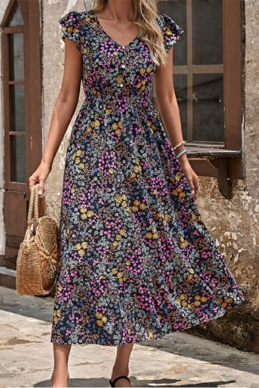 Ball Gown Women Dress with a Full Skirt for a Princess - like LookFloral Ruffle Sleeve Midi Dress