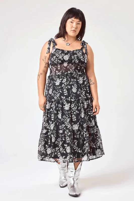 Pleated Women Dress with a Timeless and Elegant TextureBlack Floral Tie Shoulder Ruffle Midi Dress