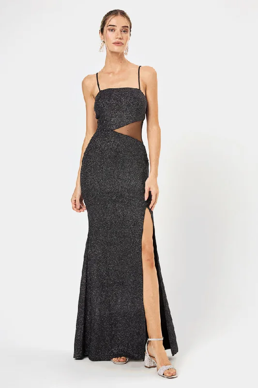 Off - the - Shoulder Women Dress for a Romantic and Feminine LookBlack Glitter Side Cut-Out Gown