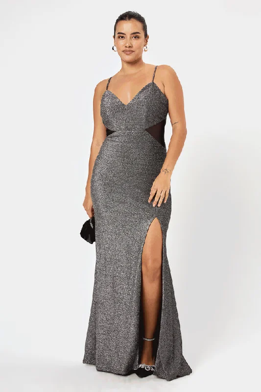 Plus Size Women Dress with a Flattering A - Line Cut for Comfort and StyleBlack Sliver Mesh Cut-Out Gown