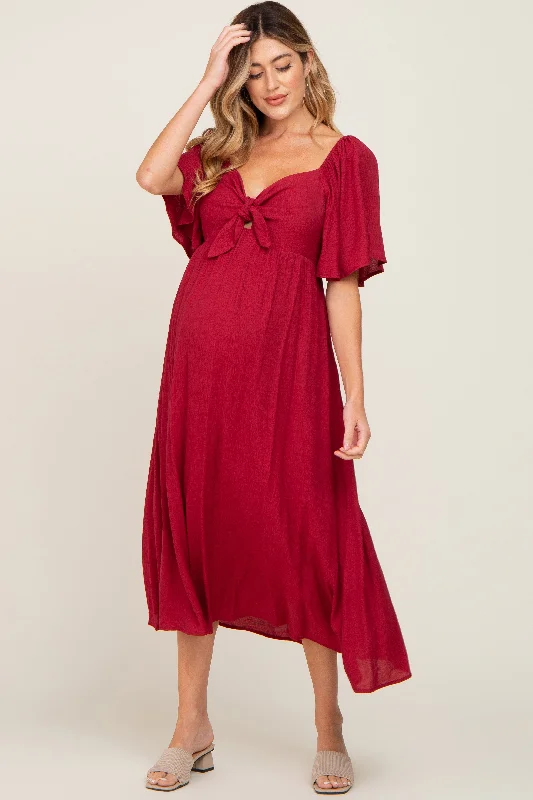 Lace - Embellished Women Dress for an Elegant and Sophisticated AppearanceBurgundy Front Tie Ruffle Sleeve Maternity Midi Dress