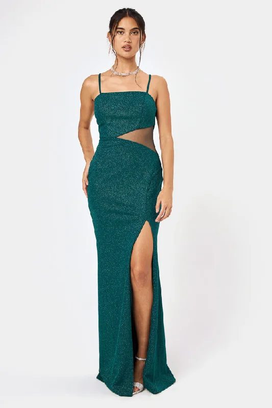 Halter Neck Women Dress to Show Off the Shoulders and NecklineHunter Green Side Cut-Out Glitter Gown