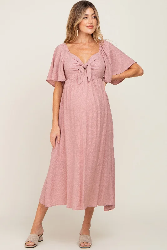 Plus Size Women Dress with a Flattering A - Line Cut for Comfort and StyleMauve Front Tie Ruffle Sleeve Maternity Midi Dress