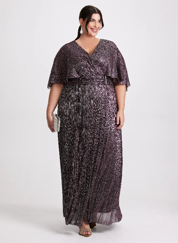 Mermaid - Style Women Dress with a Fitted Silhouette for Special OccasionsMetallic Cape Sleeve Plissé Dress