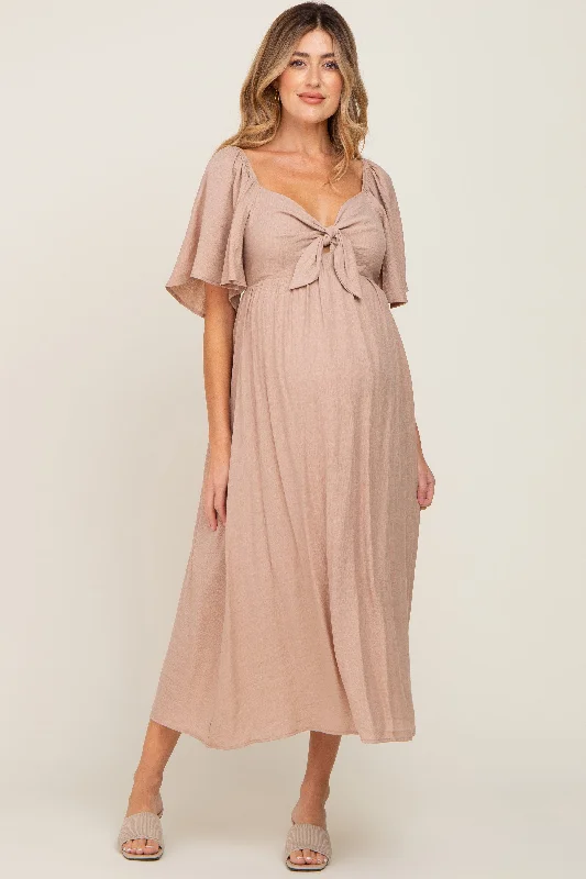 Empire Waist Women Dress to Accentuate the Bust and Conceal the WaistMocha Front Tie Ruffle Sleeve Maternity Midi Dress