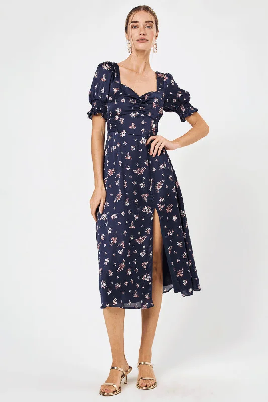 Long - Sleeve Women Dress in Velvet for a Luxurious Winter LookNavy Floral Puff Sleeve Midi Dress