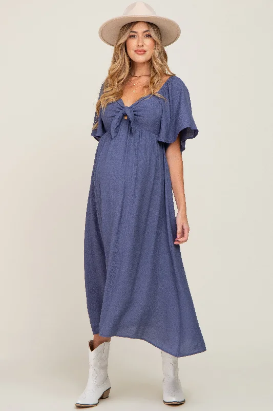 Pleated Women Dress with a Timeless and Elegant TextureNavy Front Tie Ruffle Sleeve Maternity Midi Dress