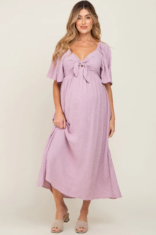 Halter Neck Women Dress to Show Off the Shoulders and NecklinePink Textured Dot Front Tie Ruffle Sleeve Maternity Midi Dress