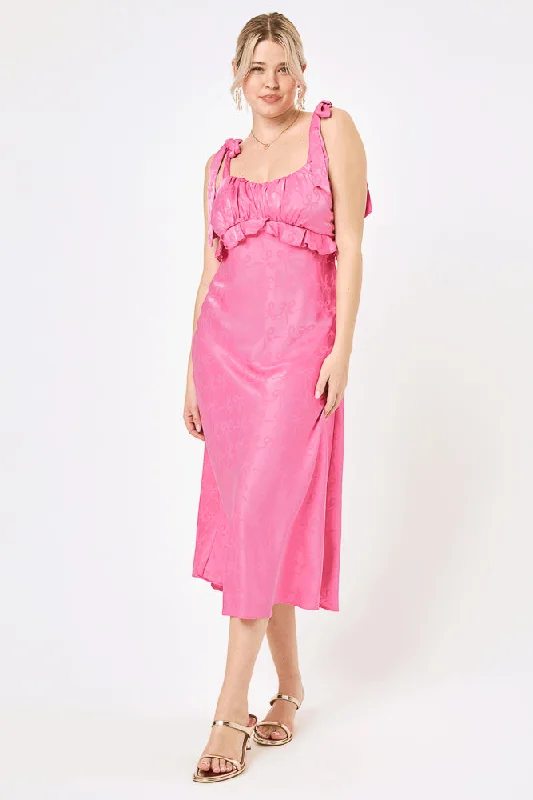 Off - the - Shoulder Women Dress for a Romantic and Feminine LookPInk Tie Shoulder Ruffle Midi Dress