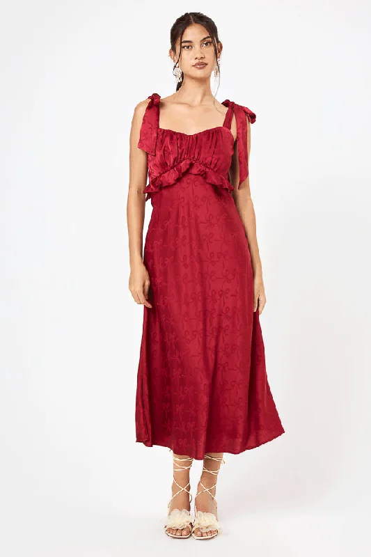 Shift Women Dress with a Simple and Classic Design for Everyday WearRed Tie Shoulder Ruffle Midi Dress