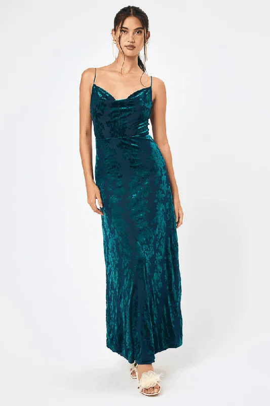 Pleated Women Dress with a Timeless and Elegant TextureTeal Jacquard Cowl Neck Maxi Dress