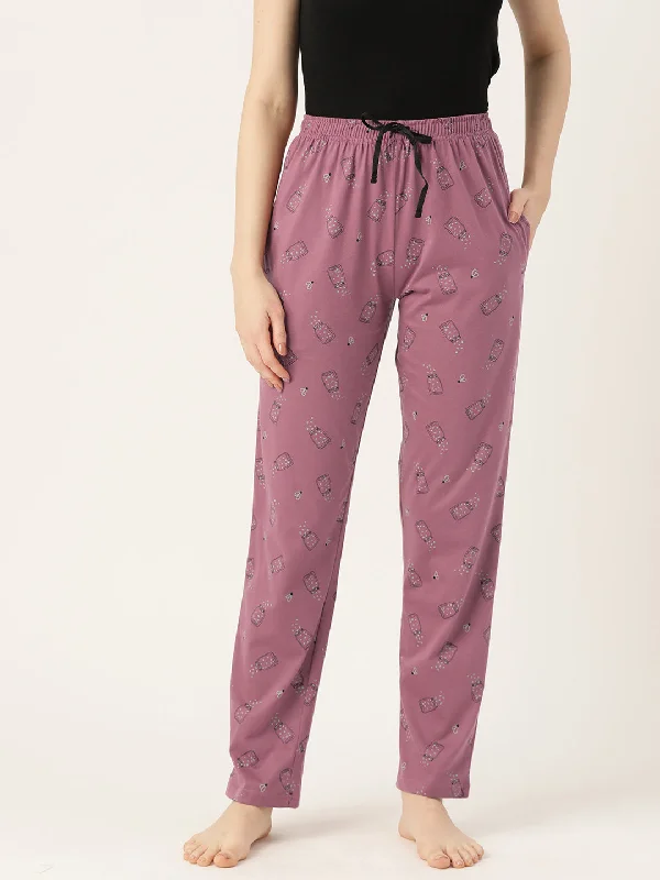 Shirred - cuffed lemon - colored lounge pants for a feminine and soft lookWomen's Printed Cotton Mauve Lounge Pants | LDLW-2328-1 |