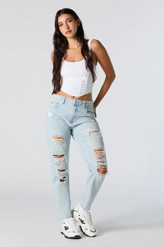 Distressed High Rise Light Wash Mom Jean