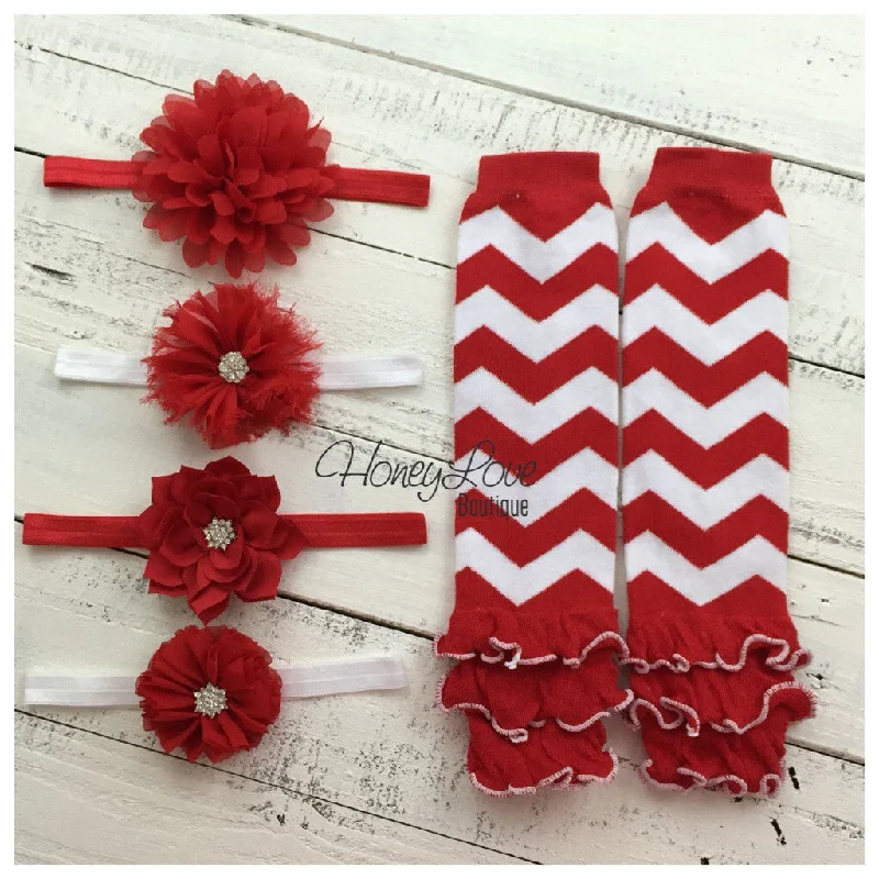 Red White Chevron Leg Warmers and red headband