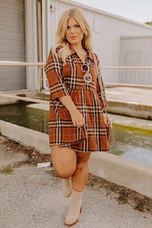 Halter Neck Women Dress to Show Off the Shoulders and NecklineCheery Mood Plaid Tunic Dress In Dark Camel Curves