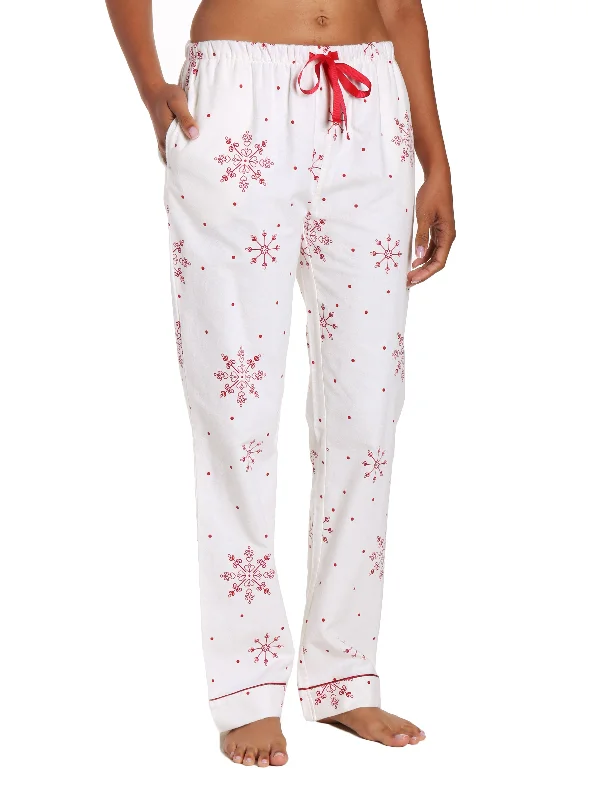 Short - size cropped floral - embroidered lounge pants for short - stature womenWomens 100% Cotton Flannel Lounge Pants - Lovely Snowflakes White-Red