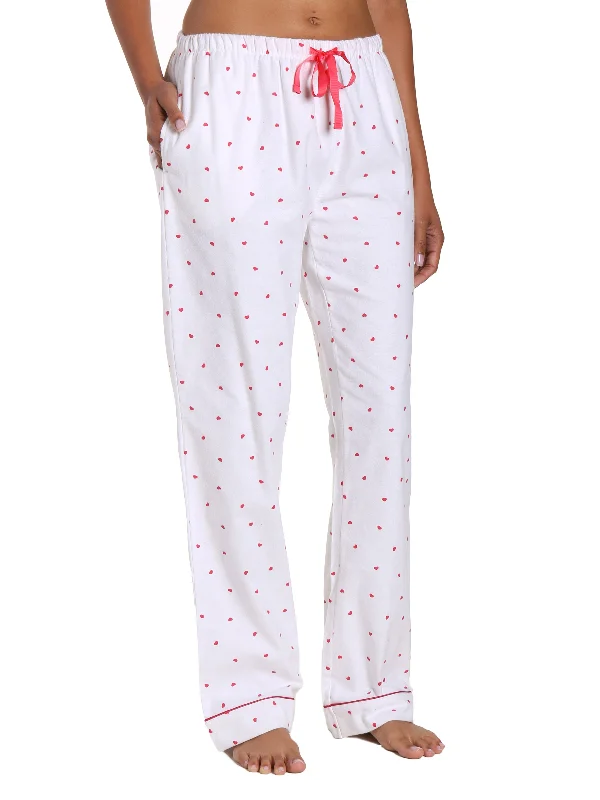 Senior - size elastic - waist soft - fabric lounge pants for elderly womenWomens 100% Cotton Flannel Lounge Pants - Little Hearts - White-Red