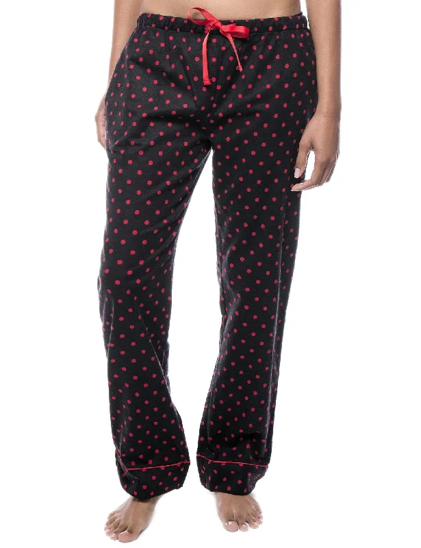 Smocked - cuffed plum - colored lounge pants for a charming and cozy lookWomens 100% Cotton Flannel Lounge Pants - Dots Diva Black/Red