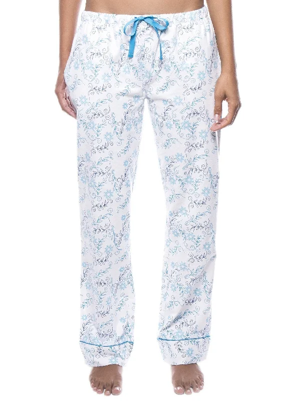 Embroidered - cuffed sky - blue lounge pants for a delicate and beautiful lookWomens 100% Cotton Flannel Lounge Pants - Floral White/Blue