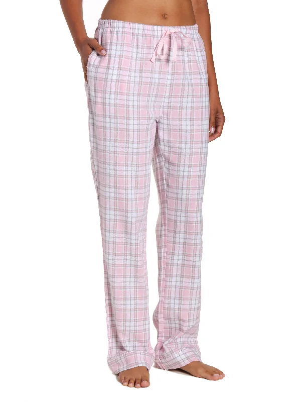 Senior - size elastic - waist soft - fabric lounge pants for elderly womenWomens 100% Cotton Lightweight Flannel Lounge Pants - Plaid White-Pink