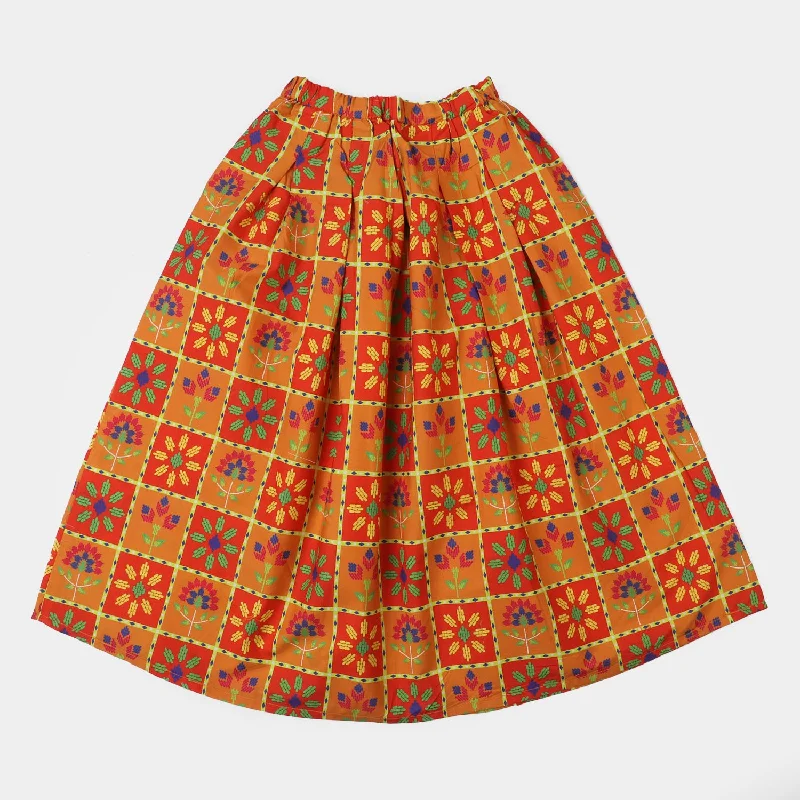 Drawstring - waisted linen skirt for an adjustable and relaxed fitGirls Digital Print Cotton Long Skirt - Multi