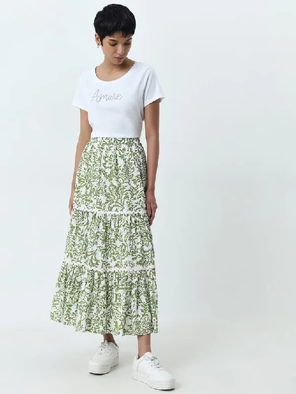 Twill Women Shorts with a Smooth Texture and DurabilityLOV Green Leaf Design Tiered Cotton Skirt