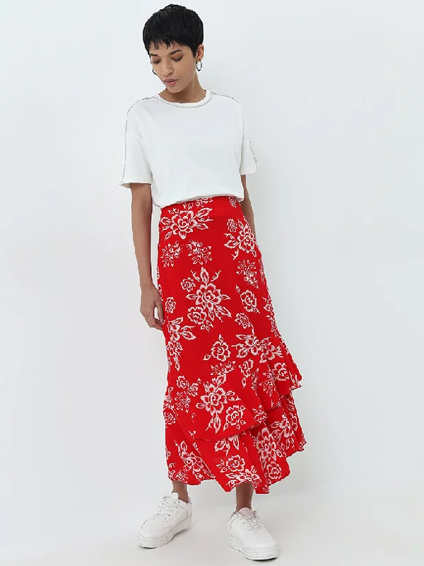 Linen Women Shorts for Breathable Comfort in Hot WeatherLOV Red Floral Printed Ruffled High-Rise Skirt